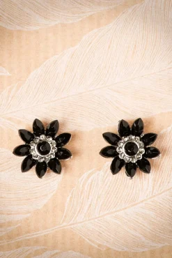 Audrey Jet Flower Stud Oorbellen In Zwart En Zilver