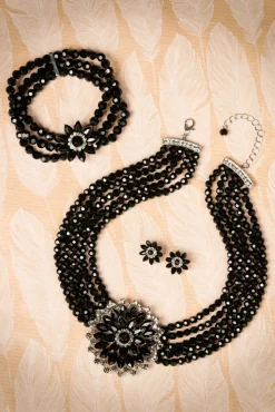 Audrey Jet Flower Stud Oorbellen In Zwart En Zilver