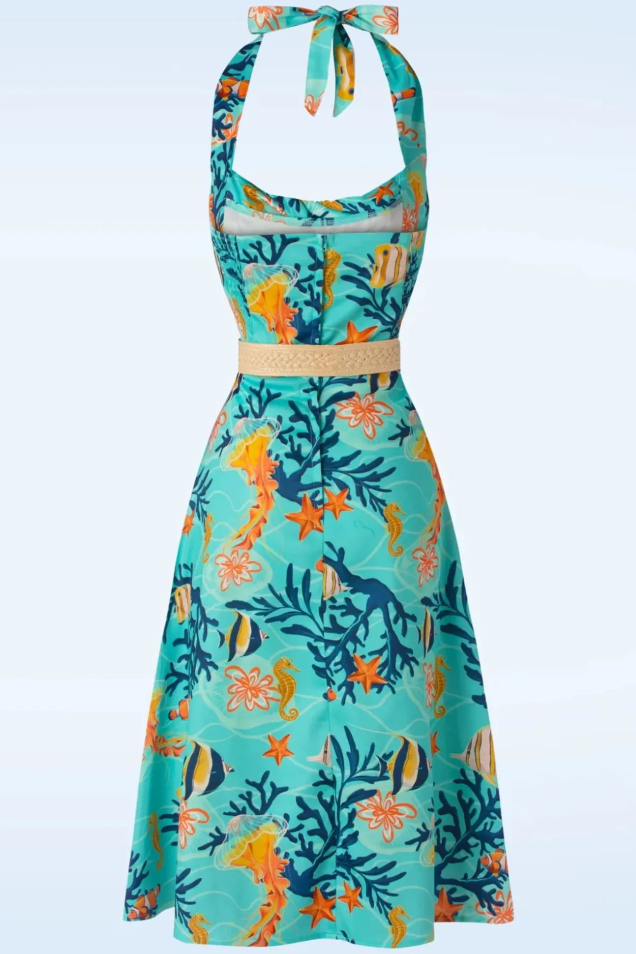 Coral Reef Halter Flare Jurk In Blauw
