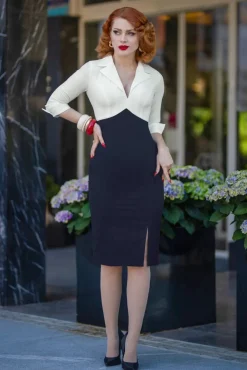 Dianne Pencil Jurk In Wit En Marineblauw