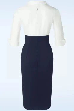 Dianne Pencil Jurk In Wit En Marineblauw