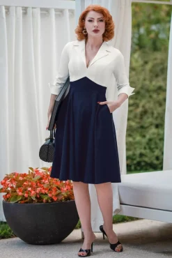 Dianne Swing Jurk In Wit En Marineblauw