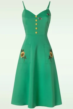 Embroidery Sunflower Flare Jurk In Groen