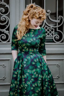 Exclusieve Bij Topvintage ~ Adriana Peacock Long Sleeve Swing Jurk In Marineblauw