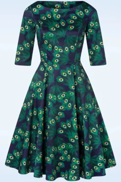 Exclusieve Bij Topvintage ~ Adriana Peacock Long Sleeve Swing Jurk In Marineblauw
