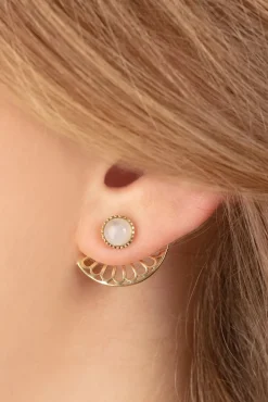 Flower Fan Oorbellen In Goud En Maansteen Wit