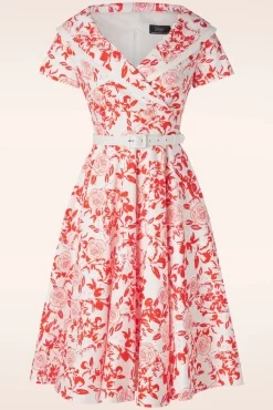 Greta Swing Jurk In Wit Met Rode Rozen Print
