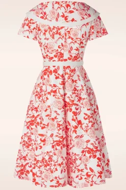 Greta Swing Jurk In Wit Met Rode Rozen Print