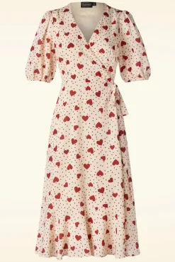 Heart Polka Dot Wikkel Jurk In Creme