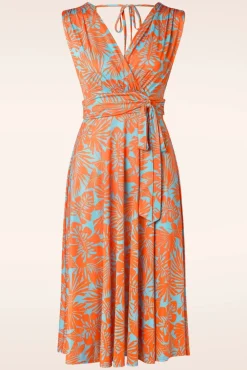 Jane Leaf Swing Jurk In Blauw En Oranje