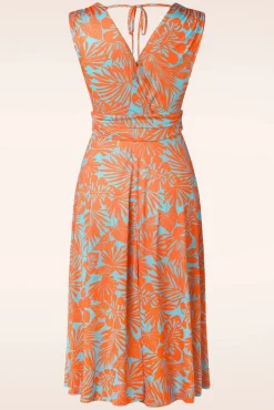 Jane Leaf Swing Jurk In Blauw En Oranje