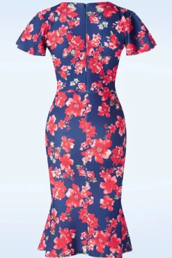 Katie Floral Pencil Jurk In Marineblauw En Rood
