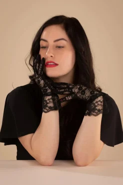 Korte Handschoenen Met Bloemenkant In Zwart