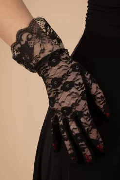Korte Handschoenen Met Bloemenkant In Zwart