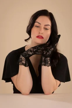 Korte Handschoenen Met Bloemenkant In Zwart