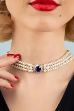 Lady Diana Parel Choker Ketting In Saffierblauw