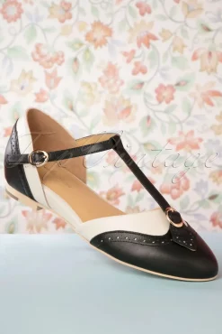 Parisienne T-Strap Flats In Zwart En Creme