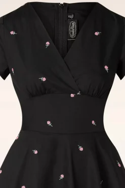 Rose Geborduurde Swingjurk In Zwart