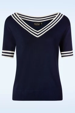 Sally Top Met Korte Mouwen En Gestreepte Halslijn In Marineblauw