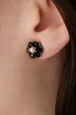 Small Jet Flower Stud Oorbellen In Zwart