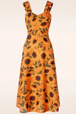 Sunflower Print Midi Jurk In Oranje
