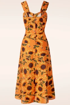 Sunflower Print Midi Jurk In Oranje