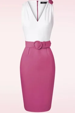 The Kellie Pencil Jurk In Gebroken Wit En Donker Magentaroze