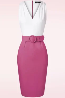 The Kellie Pencil Jurk In Gebroken Wit En Donker Magentaroze