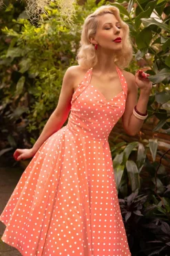 Topvintage Exclusive ~ Bettie Polka Dot Swing Jurk In Oranje