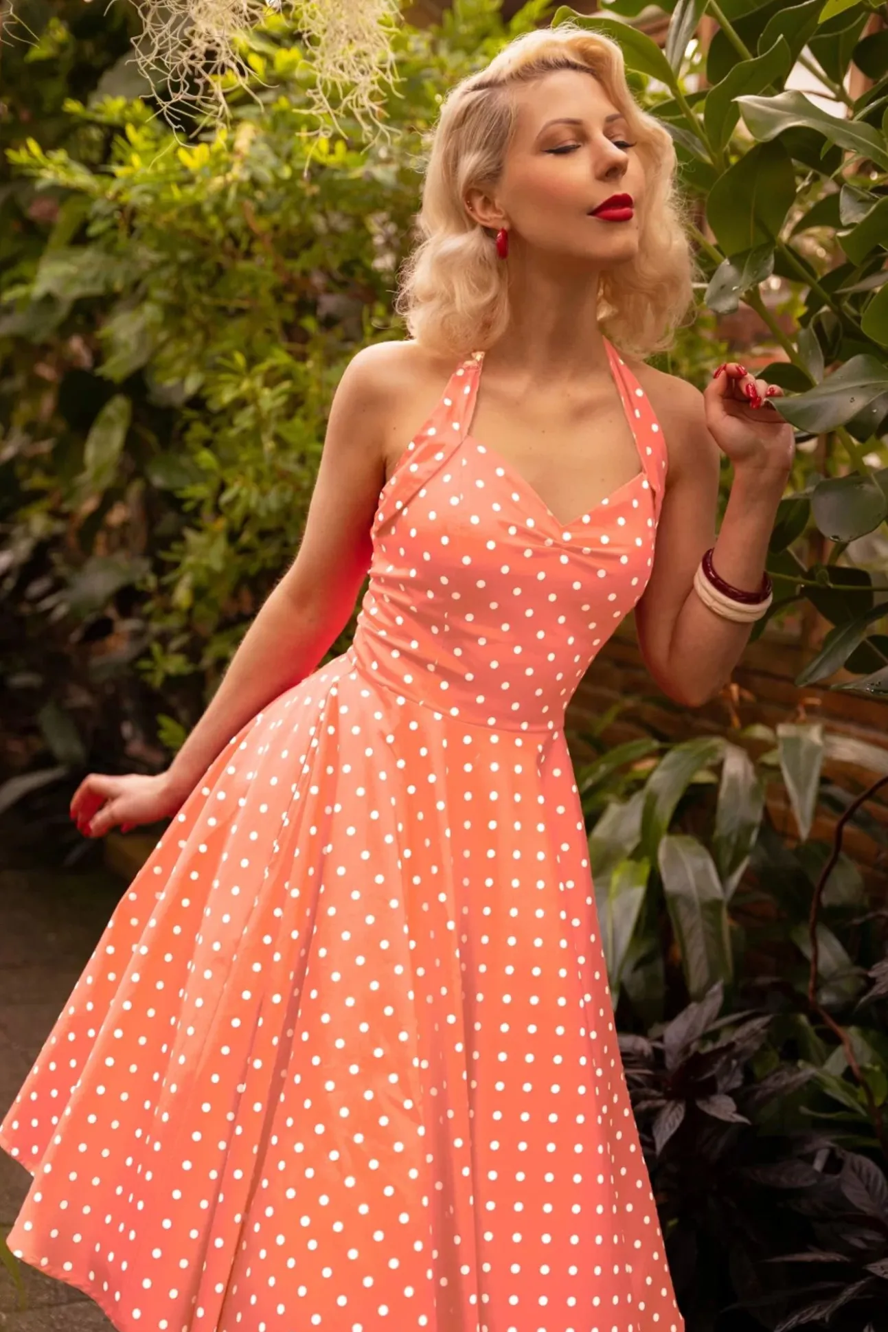 Topvintage Exclusive ~ Bettie Polka Dot Swing Jurk In Oranje