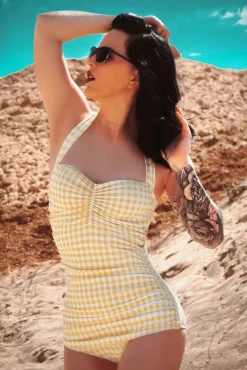 Zomer Gingham Badpak Uit Een Stuk In Geel En Wit