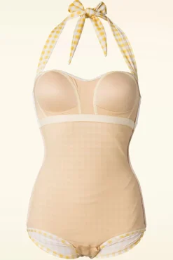 Zomer Gingham Badpak Uit Een Stuk In Geel En Wit