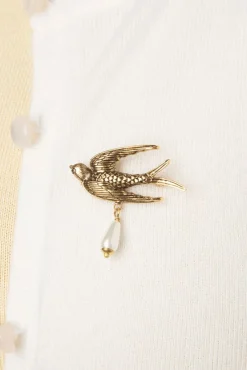 Zwaluw Parel Broche In Goud